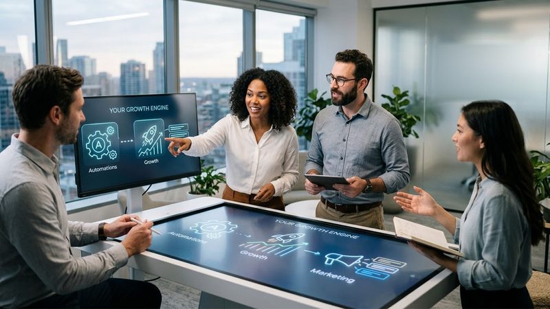 Team gathered around a touchscreen table and wall display showing a growth engine diagram: automations, growth and marketing